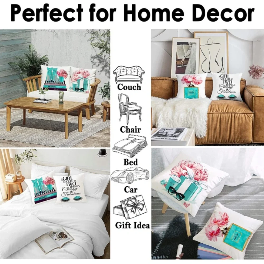 Set of 4 18x18 Decorative Pillow Covers Teal White Fashion Style